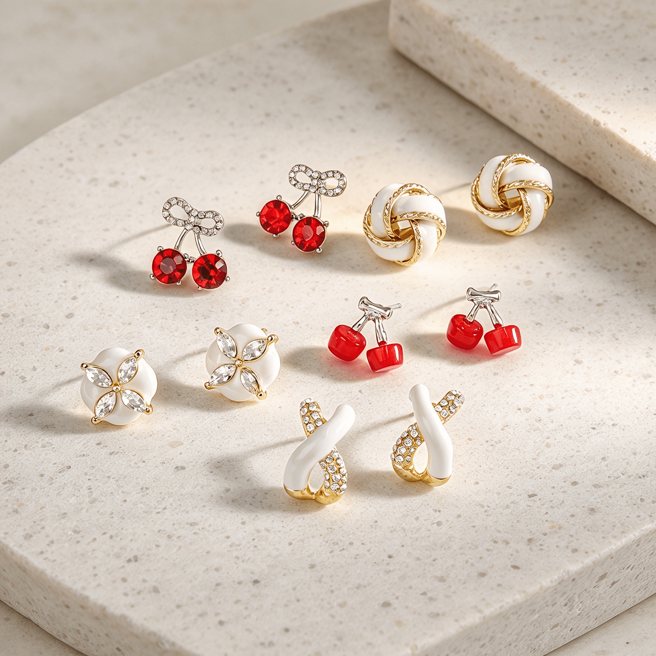 5 Pairs Cute Red Cherry Drip Enamel Earrings Set